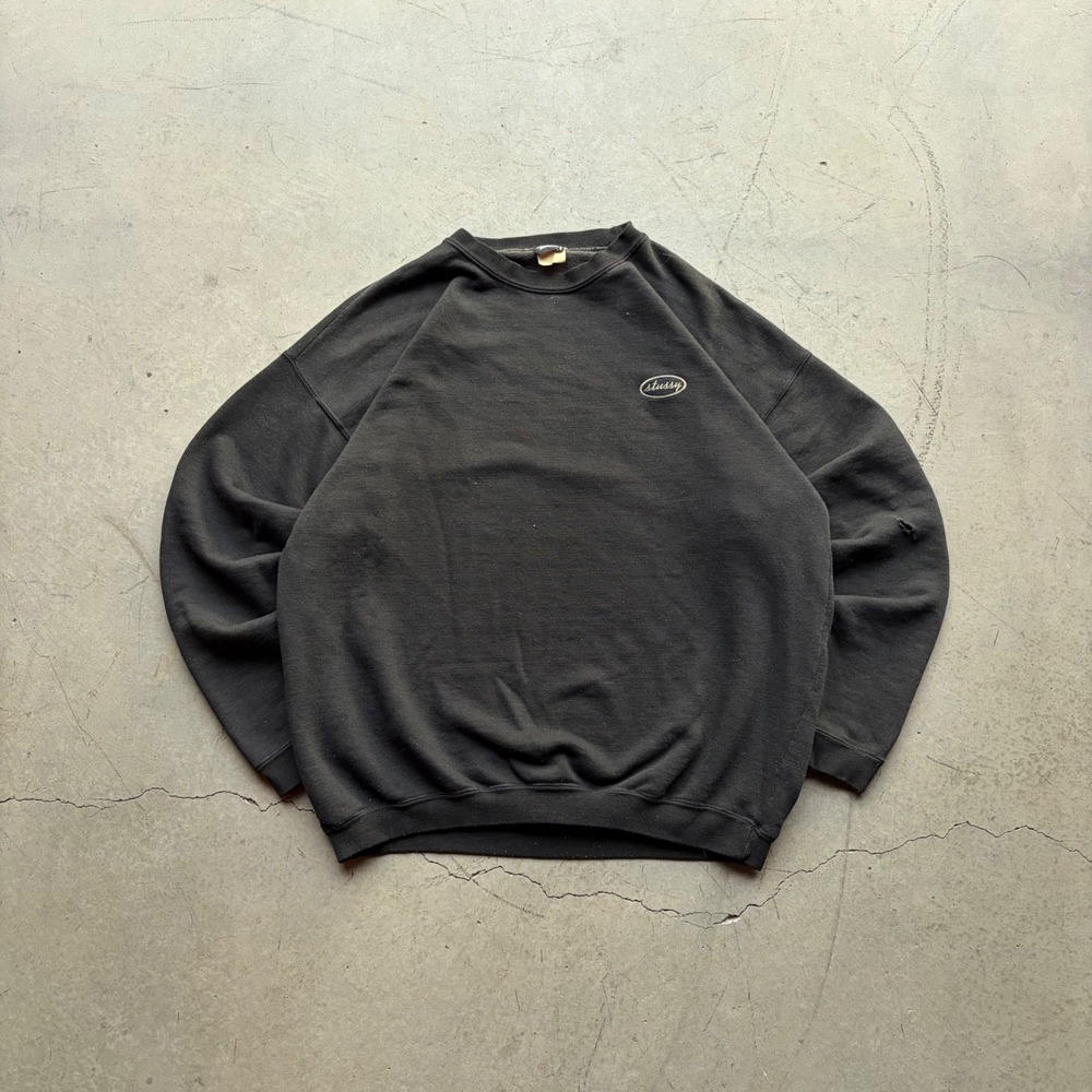Vintage 90s Stussy Oval Logo Sweatshirt Mens Large Faded Black Distressed Crew - Picture 2 of 8